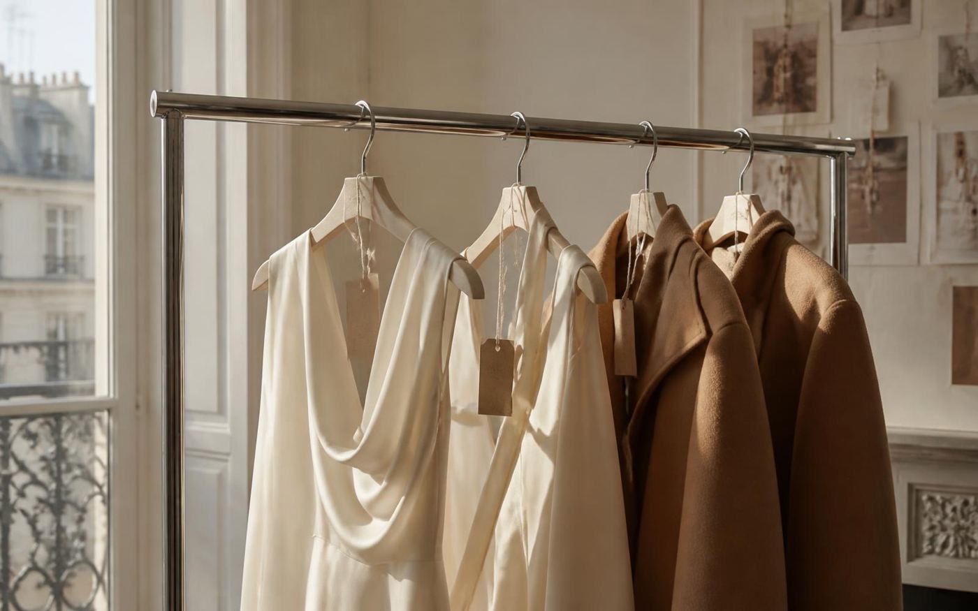A garment rail of ivory silk and camel wool samples with paper loan tags, in a Paris atelier.